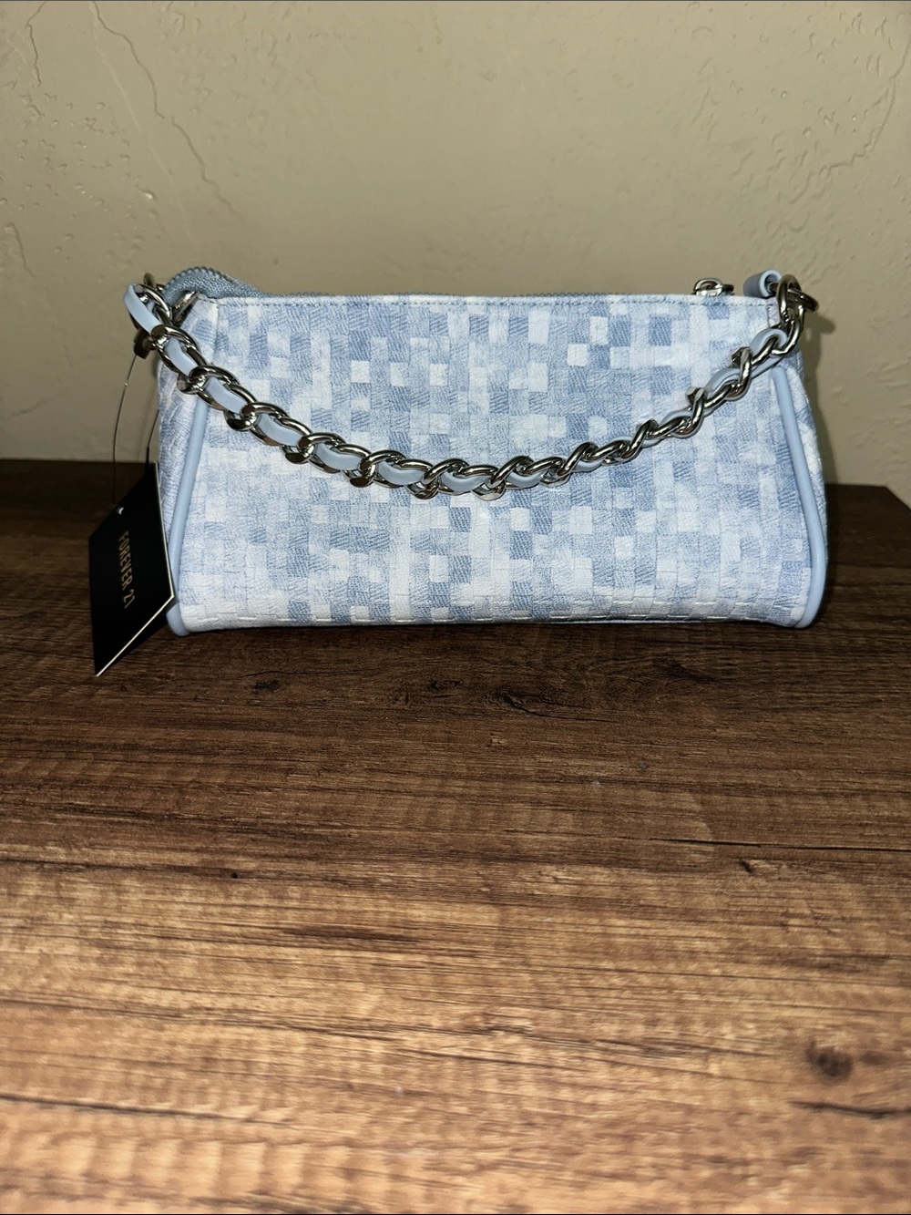 Forever 21 Light Blue Denim Checkered Mini Chain Shoulder Bag